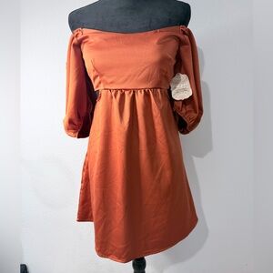 Altar'd State Rust Orange Off-Shoulder Long Sleeve Dress